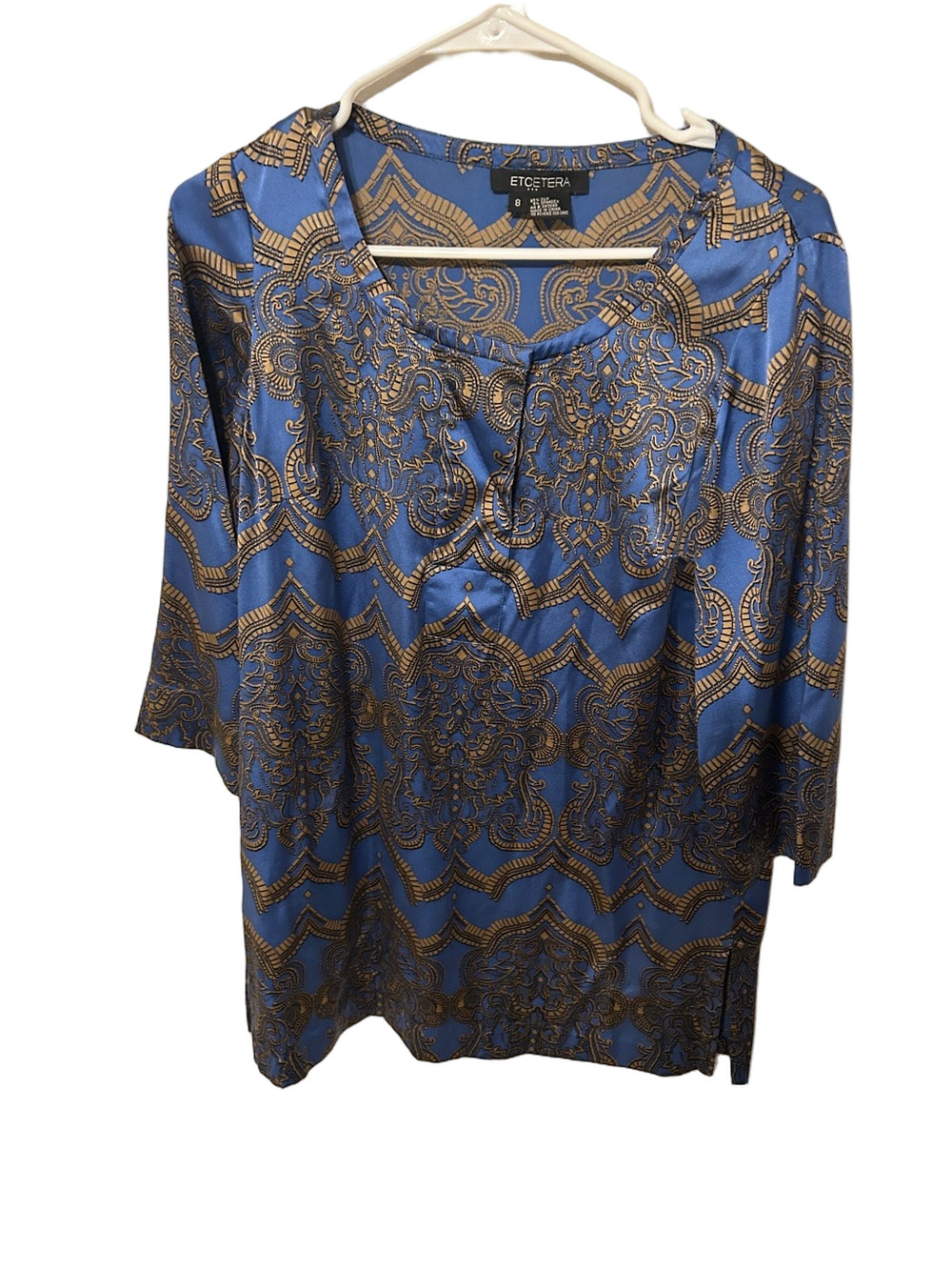 🐕🦺ETCETERA Blue and Gold Patterned Tunic blouse size 8 silk GUC